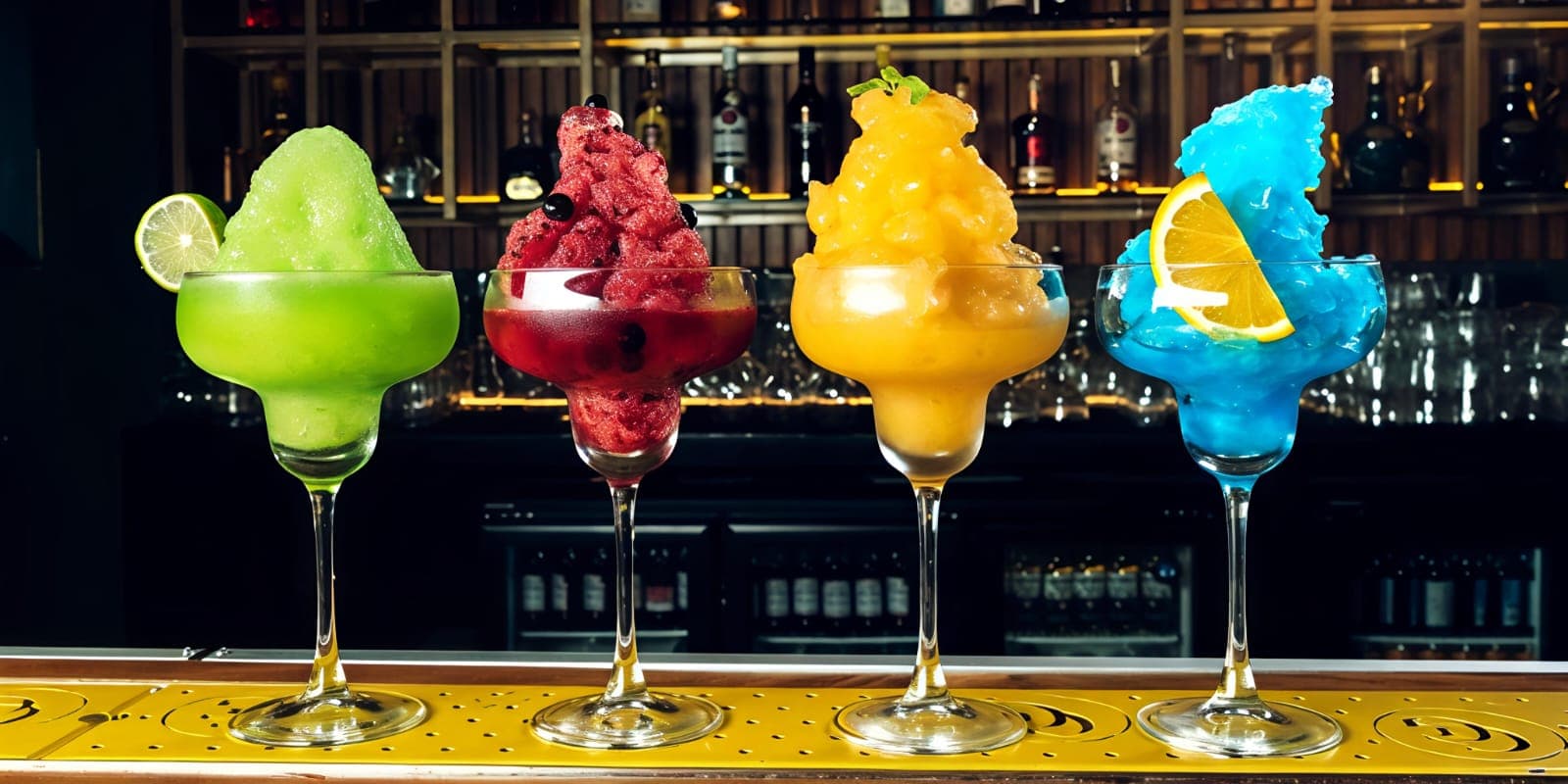 Four vibrant frozen cocktails in green, red, yellow, and blue lined up on a bar.