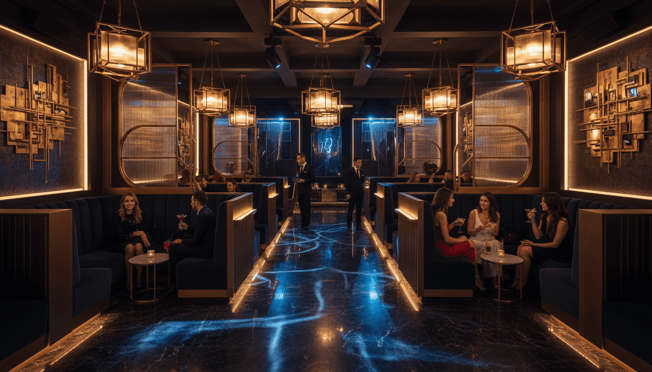 Rooftop bar interior with gold accents and modern seating