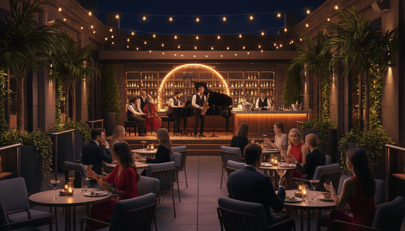 Premium rooftop bar at night with city views, ambient lighting, and upscale seating at Joynt