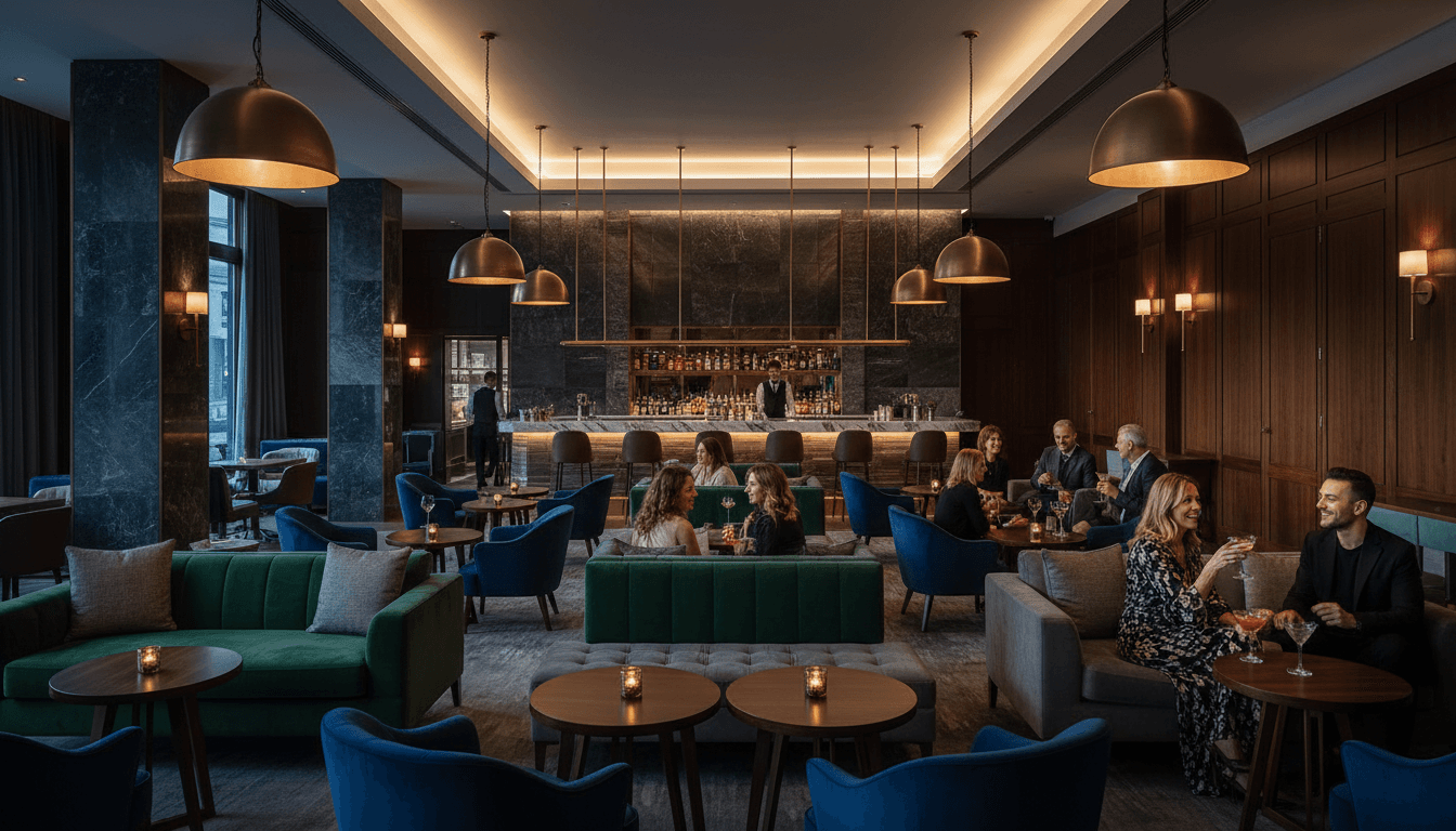 Rooftop bar at night with glowing city lights, craft cocktails, and elegant dining atmosphere