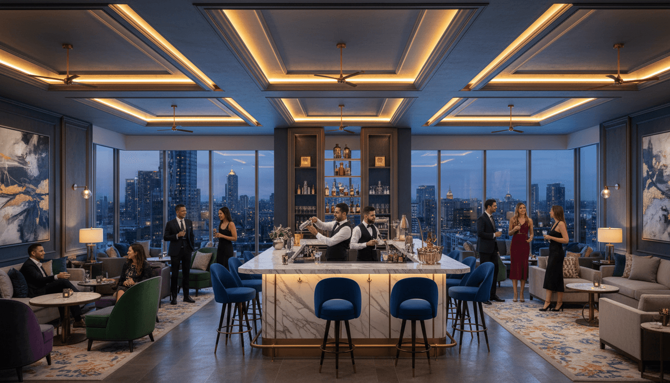Joynt rooftop dining with city views and ambient lighting