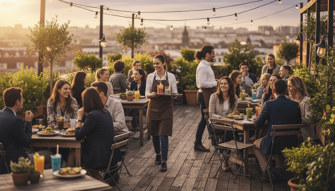 Rooftop bar with city skyline views