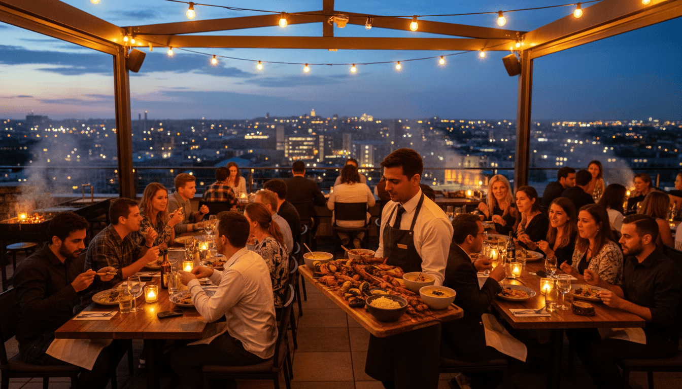 Upscale gathering at rooftop venue with elegant ambience